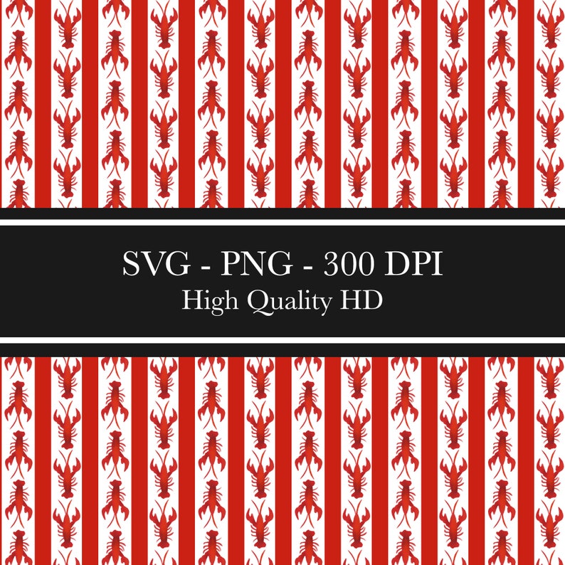 May include: A seamless pattern featuring red and white vertical stripes with a repeating pattern of red lobsters on each stripe. The text "SVG - PNG - 300 DPI High Quality HD" is displayed in the center of the image.