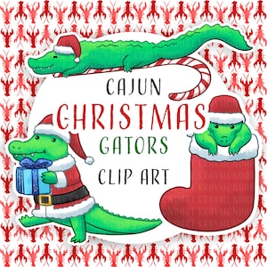 Cajun Christmas Gators Illustrations - digital printable clipart - 300 dpi PNG, transparent background, downloadable