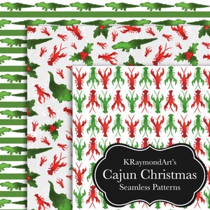 May include: Three seamless patterns featuring a Cajun Christmas theme. The patterns include red and green crawfish, holly, and alligators on a white background. The patterns are labeled "KRaymondArt's Cajun Christmas Seamless Patterns".