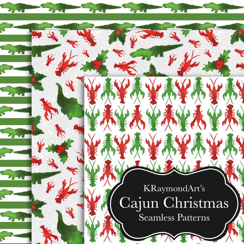 May include: Three seamless patterns featuring a Cajun Christmas theme. The patterns include red and green crawfish, holly, and alligators on a white background. The patterns are labeled "KRaymondArt's Cajun Christmas Seamless Patterns".