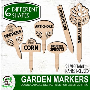May include: A set of 6 different shaped wooden garden markers with 52 vegetable names included. The markers are made for laser cutting and are perfect for labeling plants in your garden.