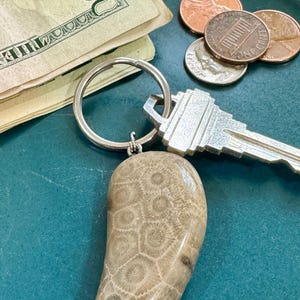 Handcrafted Petoskey Stone Keychain with Stainless Steel key ring