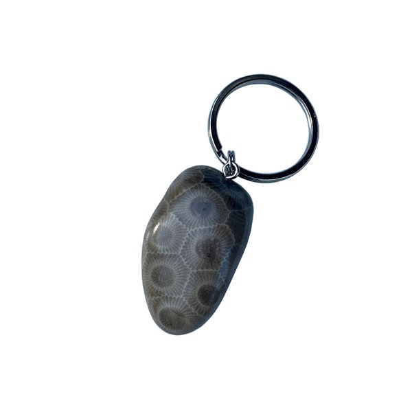 Handcrafted Petoskey Stone Keychain with Stainless Steel key ring
