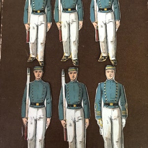 6 Original Victorian Paper Doll Soldiers. 5 With Rifles And 1 With A Horn.