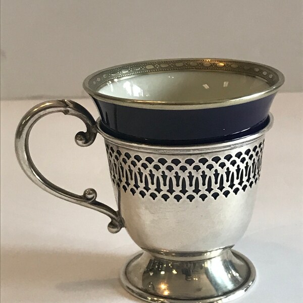 Sterling Silver Cup And Saucer. Demitasse. Cobalt Blue Cup.