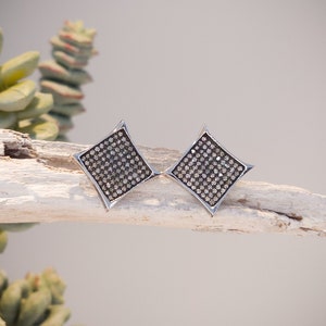May include: A pair of silver-toned diamond-shaped stud earrings. Each earring is encrusted with small, sparkling stones. The earrings are displayed on a piece of driftwood, with green succulent plants in the background.