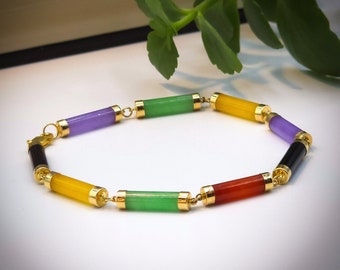 Multi-coloured Jade, Agate and Onyx 14k Tube Bracelet