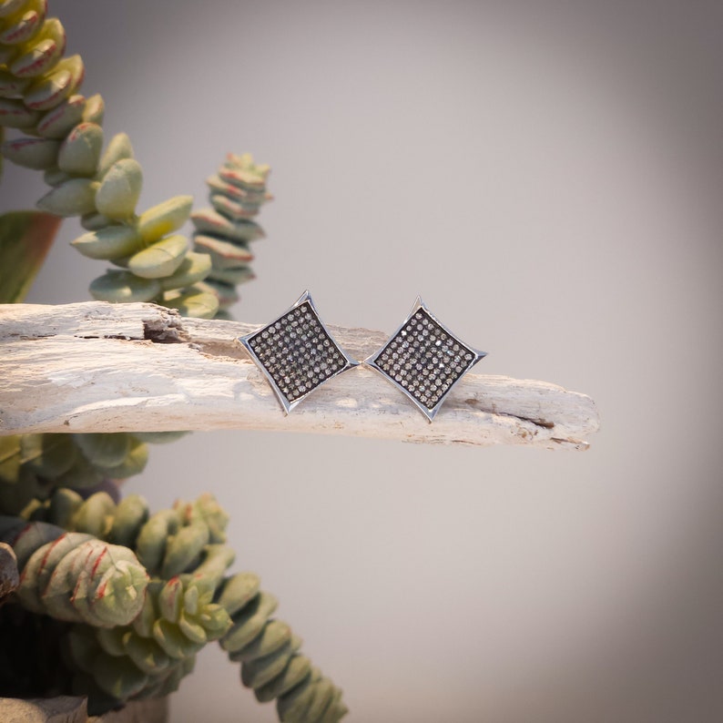 May include: A pair of silver-toned diamond-shaped stud earrings. Each earring is encrusted with small, sparkling stones. The earrings are displayed on a piece of driftwood, with green succulent plants in the background.