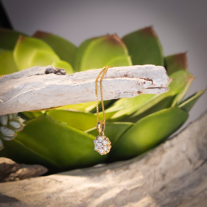 Op de afbeelding: Een gouden hangerketting met een cluster van kleine, heldere edelstenen. De hanger hangt aan een fijne gouden ketting. De ketting wordt gepresenteerd tegen een achtergrond van groene vetplanten en een stuk drijfhout.