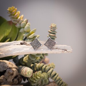 May include: A pair of square stud earrings with a silver frame and a surface covered in small, sparkling stones. The earrings are displayed on a piece of driftwood, with green succulents in the background.