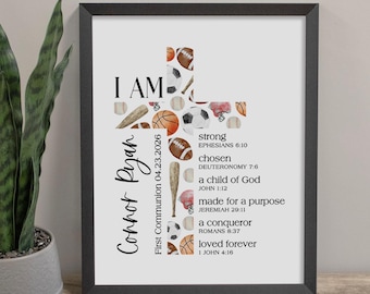Sporty Confirmation Gift for Boys | Bible Verse Cross Wall Sign for Baptism Gift | Christian Confirmation | First Communion Party Decor