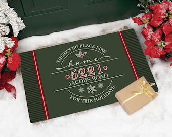 Personalized Holiday Welcome Mat | Custom Christmas Doormat | There's No Place Like Home |  Indoor Outdoor Rug Decoration | Winter Decor