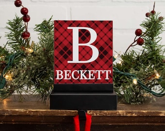 Monogram Christmas Stocking Holder | Black & Red Holiday Stocking Hanger Hook | Rustic Plaid Custom Name Seasonal Mantel Decor