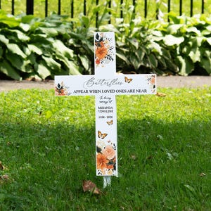 Memorial Solar Cross Garden Stake | Personalized Butterflies Appear Garden Cross | Lighted Memorial Garden Decor | Mom Loss Bereavement Gift