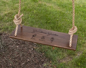 Grandma's Garden Wooden Tree Swing | Custom Engraved Tree Swing | Mother's Day Gift for Grandma | Gift from Grandchildren with Names
