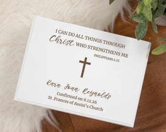 Confirmation Keepsake Box | Christ Who Strengthens Me Confirmation Gift | Personalized Confirmation Box for Girls | Catholic Confirmation