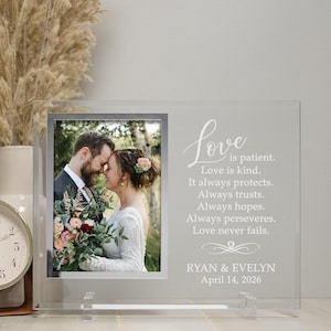 Love is Patient Picture Frame | 1 Corinthians 13:4 Wedding Picture Frame | Personalized Wedding Picture Frame | Glass Wedding Photo Frame