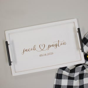 Engraved Serving Tray with Couple's Names | Wood Serving Tray with Handles | Personalized Wedding Gifts | Christmas Gift for Wife or Couples