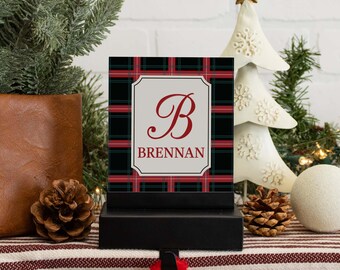 Tartan Monogram Christmas Stocking Holder | Black & Red Plaid Holiday Stocking Hanger Hook | Custom Name Seasonal Mantel Decor