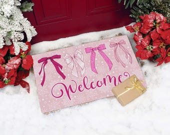 Girly Pink Bow Christmas Welcome Mat | Dorm Decor | Glittery Snowflake Outdoor Decor Doormat | Coquette Winter Porch Rug Decoration