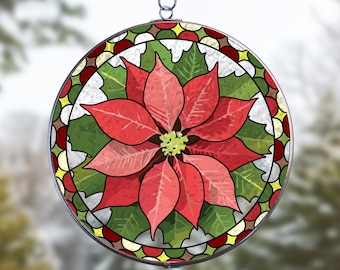 Poinsettia Christmas Sun Catcher | Red Vintage Holiday Decor | Winter Window Decoration | Gifts for Mom and Grandma | Printed Stained Glass