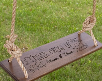 Never Grow Up Tree Swing | Engraved Children's Tree Swing | Outdoor Rope Swing Gift for Kids | Personalized Wooden Tree Swing Keepsake