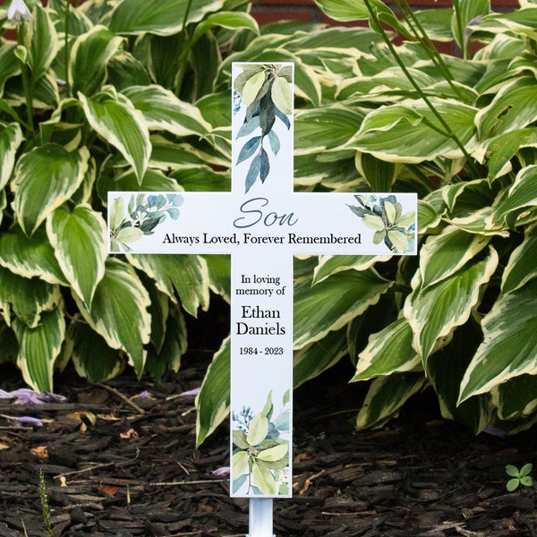 Son Memorial Cross Garden Stake | Personalized Son Loss Solar Garden Stake | Son Grave Cemetery Decoration | Loss of Son Bereavement Gift