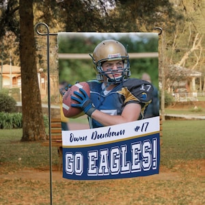 Football Yard Flag with Player&#39;s Photo | Personalized High School Football Banner Flag | Football Mom Gift | Outdoor Football Garden Flag