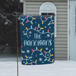 Christmas Lights Welcome Flag | Custom Family Name Christmas Decor | Personalized Holiday Garden Flag | Outdoor Home Winter Decoration