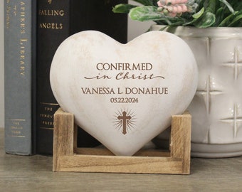 Confirmation Keepsake | Personalized Confirmed in Christ Gift | Religious Confirmation Heart Desk Decor | Engraved Confirmation Gift for Her