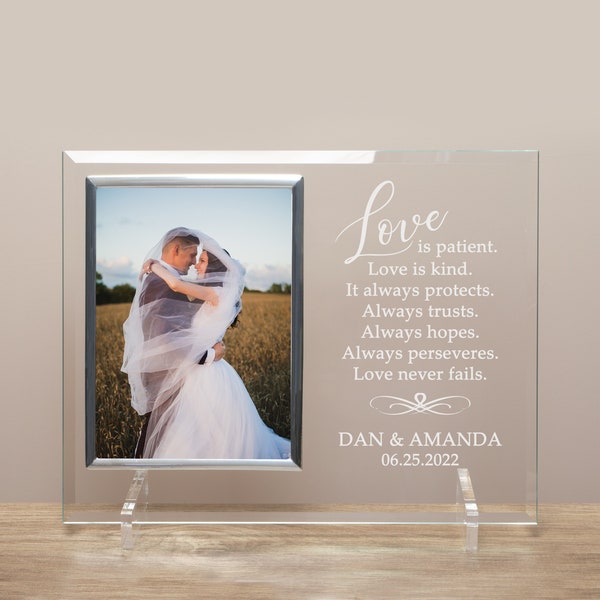Love is Patient Picture Frame | 1 Corinthians 13:4 Wedding Picture Frame | Personalized Wedding Picture Frame | Glass Wedding Photo Frame