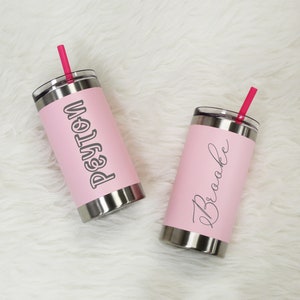Personalized Kid&#39;s Tumbler with Straw in Pink | Pink Kid&#39;s Cup with Straw | Custom Kids Tumbler with Lid and Straw | Toddler Christmas Gift