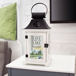 Black and white personalized lake house lantern