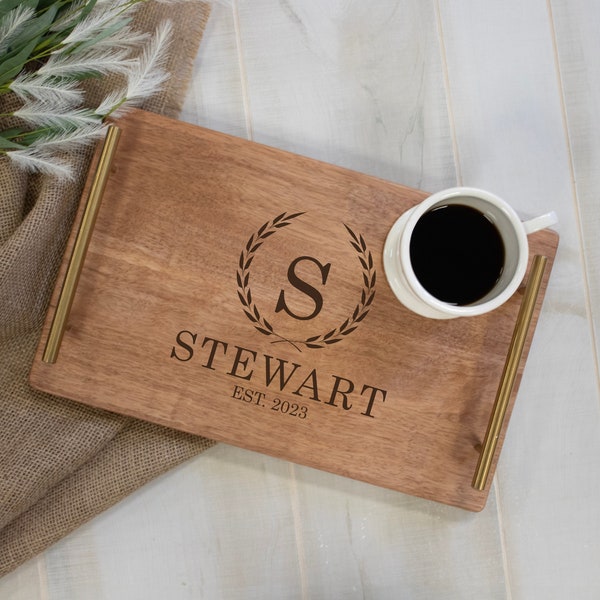 Personalized Serving Tray with Handles | Engraved Serving Tray | Wood Serving Tray | Housewarming Gift for New Homeowners | Monogram Tray