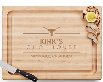 Engraved Butcher Block Cutting Board | Chophouse Grill Cutting Board | Custom Cutting Board for Men | Thick Cutting Board with Juice Groove