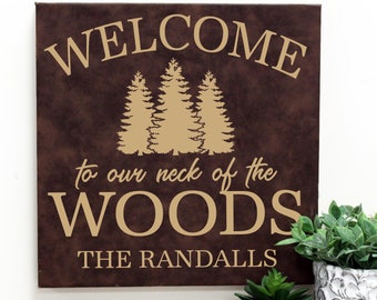 Welcome to Our Neck of the Woods Wall Sign | Personalized Country Wall Sign | Camp Welcome Sign | Engraved Lodge or Cabin Welcome Sign