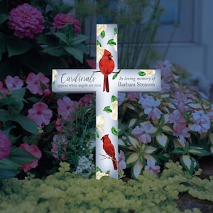 Cardinal Memorial Solar Cross Garden Stake | Red Cardinal Memorial Garden Decor | Cardinal Cemetery Grave Decoration