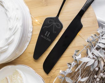 Coquette Bow Wedding Serving Set | Personalized Initial Cake Cutting Set | Engraved Black Knife and Server | Bridal Shower Gift