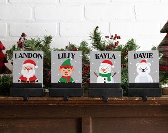 Personalized Christmas Stocking Holder Set | Custom Family Stocking Hangers | Santa, Snowman, Elf, Polar Bear | Kids Holiday Mantel Decor