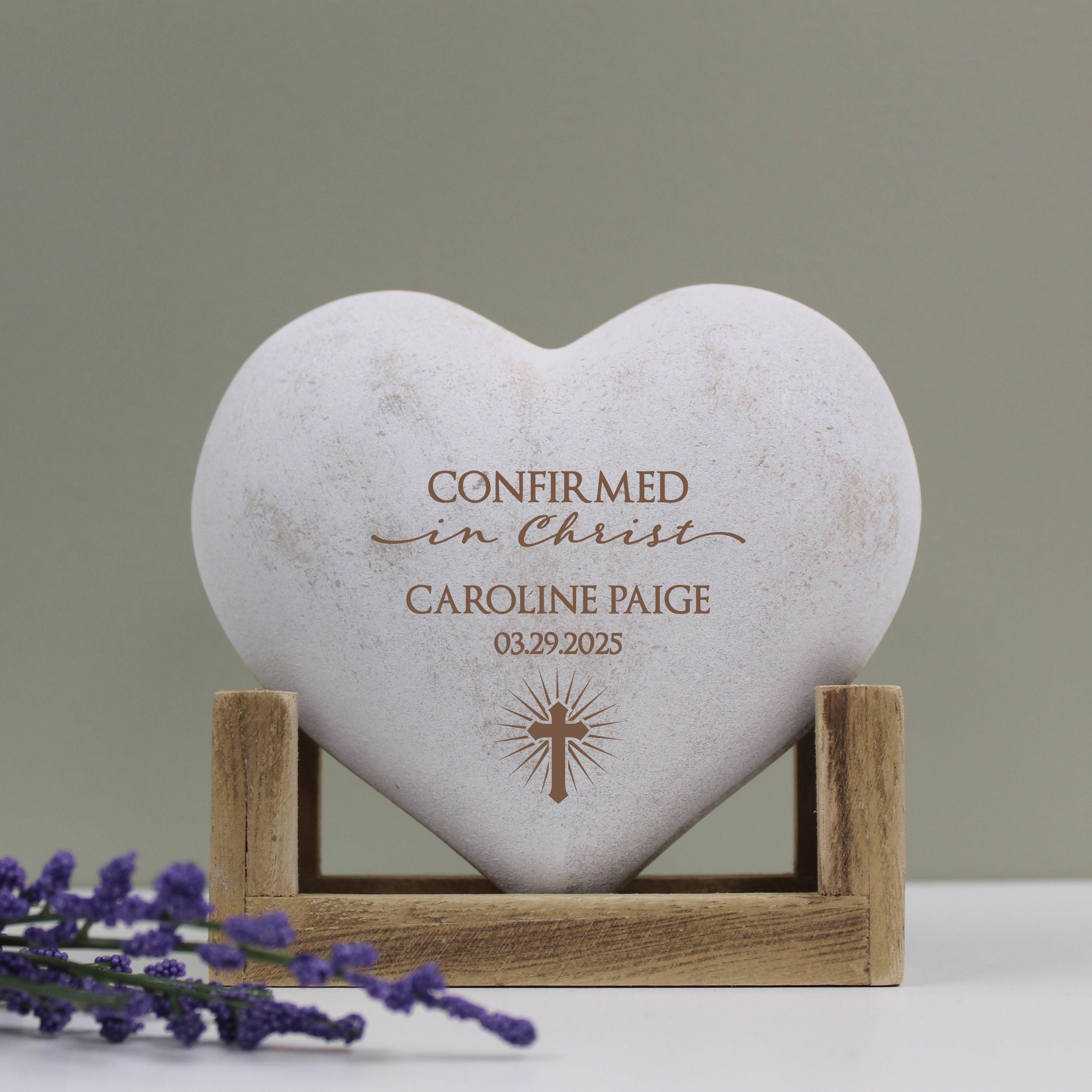 Confirmation Keepsake | Personalized Confirmed in Christ Gift | Religious Confirmation Heart Desk Decor | Engraved Confirmation Gift for Her