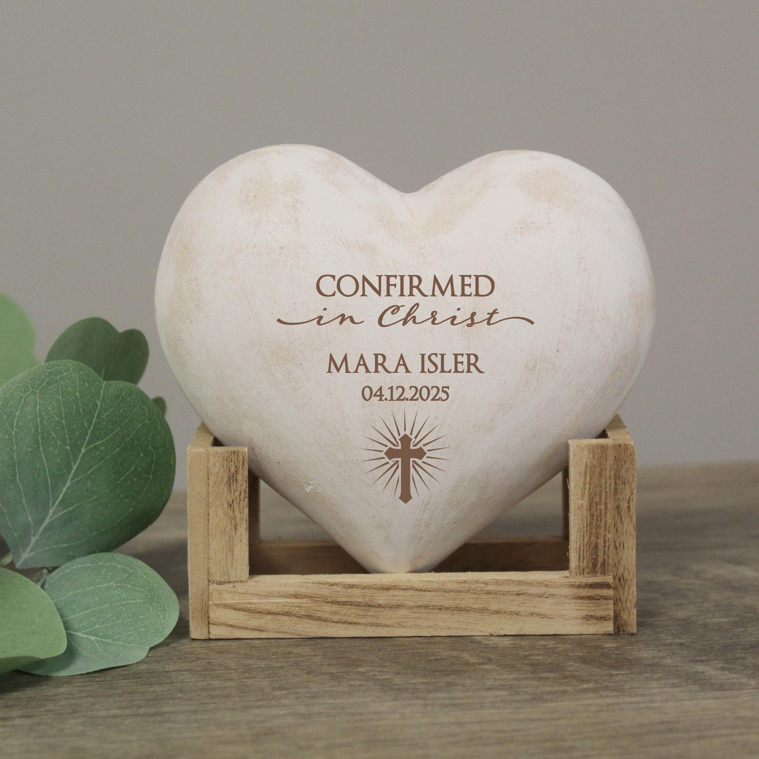 Confirmation Keepsake | Personalized Confirmed in Christ Gift | Religious Confirmation Heart Desk Decor | Engraved Confirmation Gift for Her