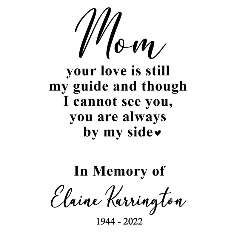 Personalized mom memorial lantern picture frame that reads Mom your love is still my guide and though I cannot see you you are always by my side and is personalized with name and date. Includes LED candle with automatic timer and handle on top.