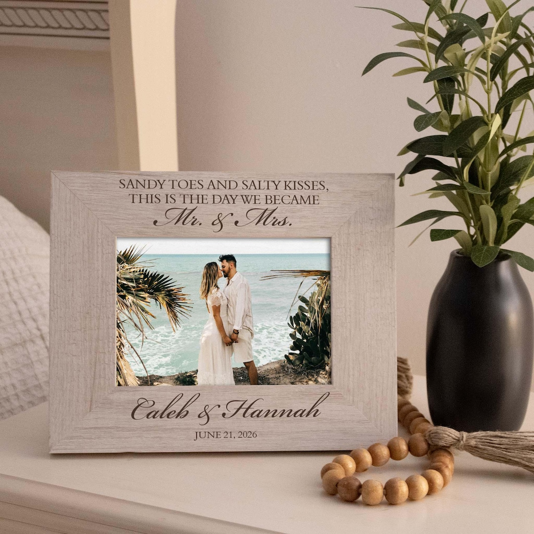 Beach Wedding Picture Frame Personalized with Names and Wedding Date | Beach Wedding Gift | Personalized Destination Wedding Picture Frame - Black, Horizontal