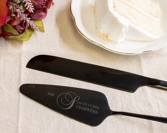 Engraved Wedding Server Set | Personalized Wedding Cake Cutting Set | Black Cake Serving Set | Bridal Shower Gift Knife and Server Set