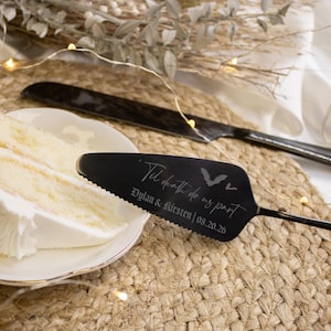 Engraved Halloween Wedding Server Set | Personalized Wedding Cake Cutting Set | Gothic Black Cake Serving Set | Til Death Do Us Part Wedding
