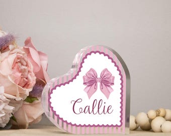 Custom Coquette Bow Acrylic Heart Sitter | Baby Nursery Sign | Dorm Room Name Display for Girls | Pastel Decor for Her