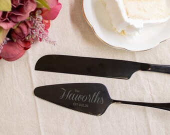 Engraved Wedding Cake Server Set | Personalized Wedding Cake Cutting Set | Black Cake Serving Set for Wedding | Custom Knife and Server Set