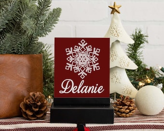 Personalized Snowflake Stocking Holder | Custom Name Holiday Mantel Decor | Wooden Christmas Keepsake | Winter TV Stand Fireplace Decoration