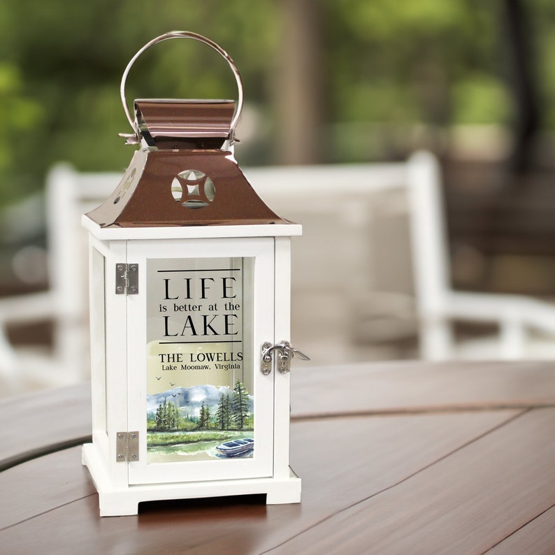 Copper and white personalized lake house lantern