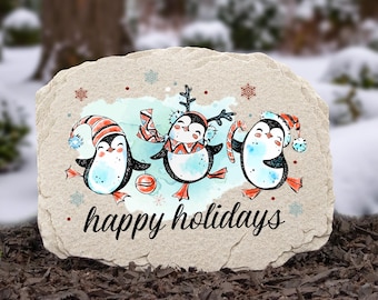 Happy Holidays Penguin Garden Stone | Outdoor Winter Garden Decor | Christmas Gifts for Mom and Grandma | Outside Porch Decoration